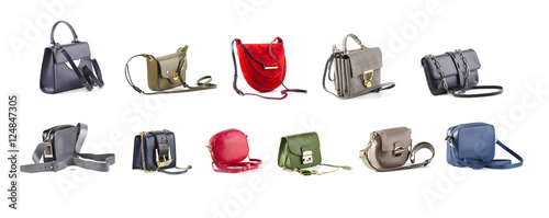 group of color leather women purses isolated on white background