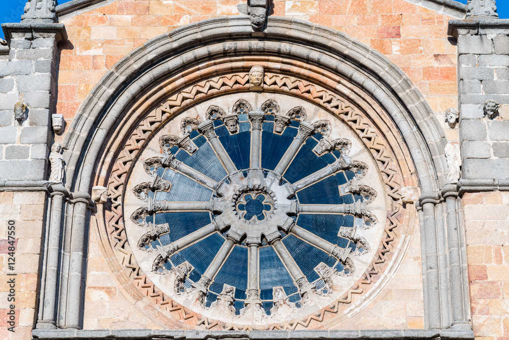 San Pedro Roman Church (St. Peter Roman Church), front view, rose window close up and detail, Avila city, Castile and Lion region (