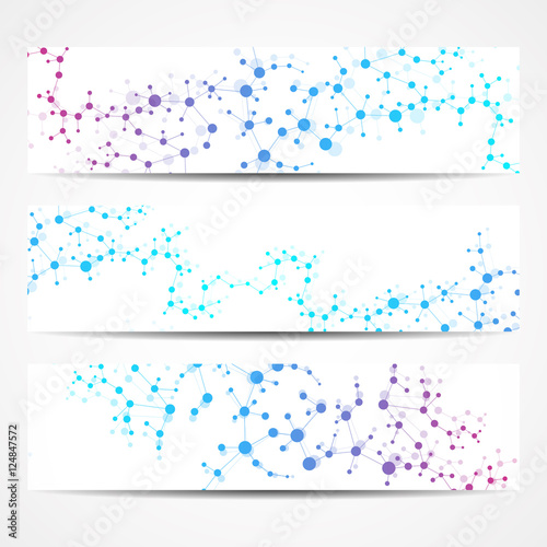 Abstract geometric banners molecule and communication. Science and technology design, structure DNA, chemistry, medical background, business and website