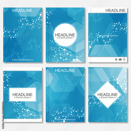 Science vector background. Modern vector templates for brochure, flyer, cover magazine or report in A4 size. Molecule structure and communication on the blue background.