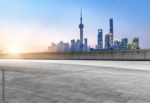 empty cement floor front of shanghai bund skyline,china.