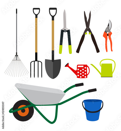 Garden Tools, Instruments Flat Icon Collection Set. Shovel, buck