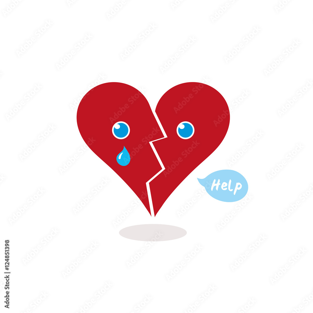Broken Red Heart Crying for Help. A cartoon illustration about an heart  crying and asking for