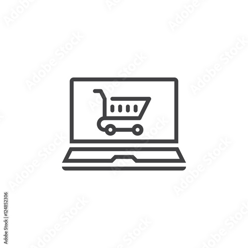 online shop, laptop and shopping cart line icon, outline vector sign, linear pictogram isolated on white. logo illustration