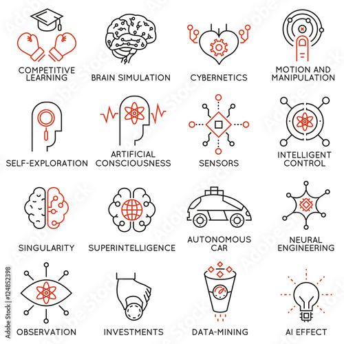 Vector set of 16 thin icons related to artificial intelligence and data science. Mono line pictograms and infographics design elements - part 3