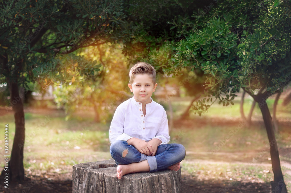 Boy 8 years old sitting on a tree stump on a sunny summer day. K Boy 8 years old sitting on a tree stump on a sunny summer day. K