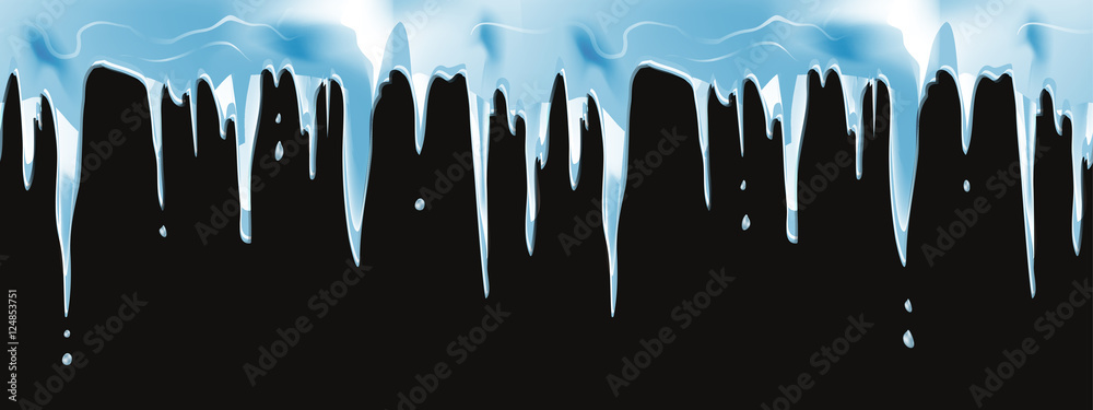 Icicles realistic Winter seamless vector border for christmas design. Natural dripping icicles hanging down from a roof on a black background - obrazy, fototapety, plakaty 