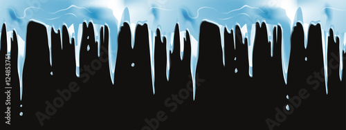 Icicles realistic Winter seamless vector border for christmas design. Natural dripping icicles hanging down from a roof on a black background