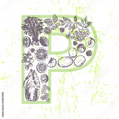 Ink hand drawn fruits and vegetables that contain vitamin P