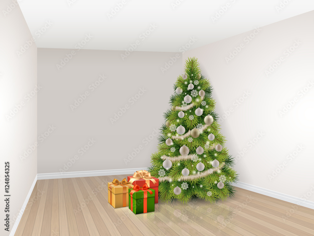 Empty room with decorated christmas tree and colorful gift boxes.