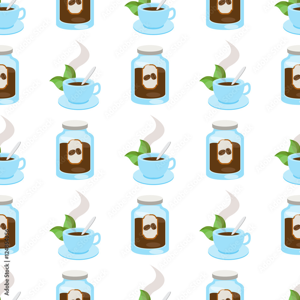 Seamless pattern with illustrations on the theme of coffee. A cup of hot coffee or tea and jar of coffee.