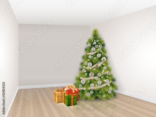 Empty room with decorated christmas tree and colorful gift boxes.