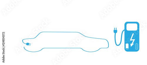 Concept Electric Car on batteries, and Fuel Station. Vector Illu