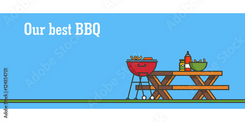 BBQ party. Horizontal banner. Outline colorful vector illustration.