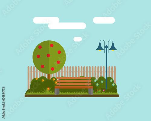 Bench under a tree in the park. Flat style vector illustration