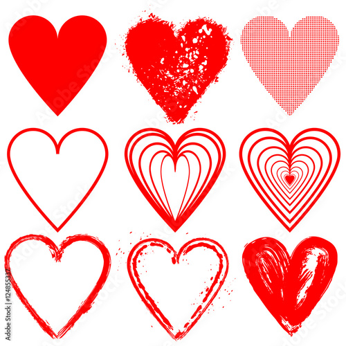 Set of red vector hearts shape cartoon icons.