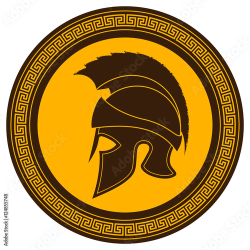 Ancient Greek Helmet with a Crest on the Shield on a White Backg