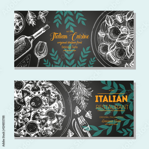 Italian food vintage design template. Horizontal banners set. Vector illustration hand drawn linear art. Italian Cuisine restaurant menu. Hand drawn sketch vector flyers.