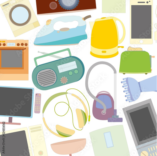 pattern of home electronic appliances close-up isolated on white background