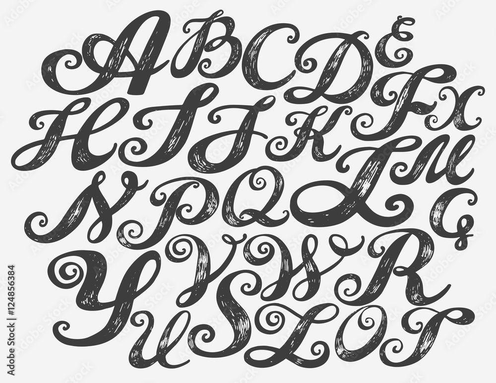 Calligraphy alphabet typeset lettering. Hand drawn alphabet. Capital and lower-case letters. Copy-book hand font. Hand drawn sketch of ABC letters in old fashion vintage style. Calligraphy letters set