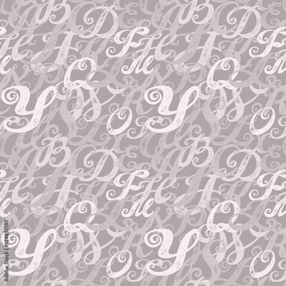 Calligraphy alphabet typeset lettering. Seamless wallpaper pattern. Hand drawn sketch of ABC letters in old fashion vintage style. 