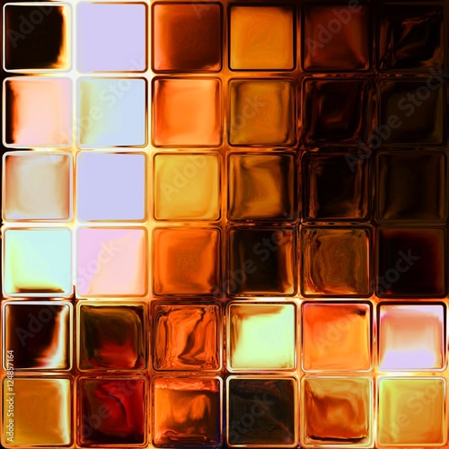 Orange tiles from the shiny glass blocks. Tiles mosaic with fire texture. Burning fire behind the glass tiles.