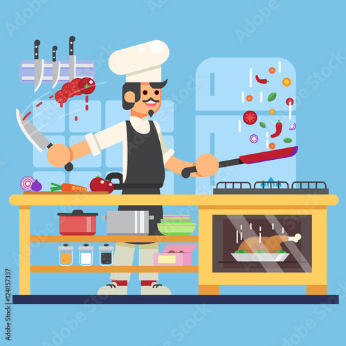 Chef prepares in kitchen Flat Vector illustration.