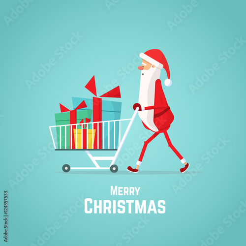Christmas Santa Claus carrying gifts in shopping trolley. Santa Claus Cartoon Character. Christmas card with Santa Claus.