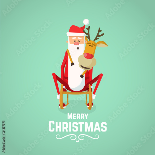 Christmas illustration of Santa Claus and reindeer sledging ride. Santa Claus Cartoon Character. Christmas card with Santa Claus.