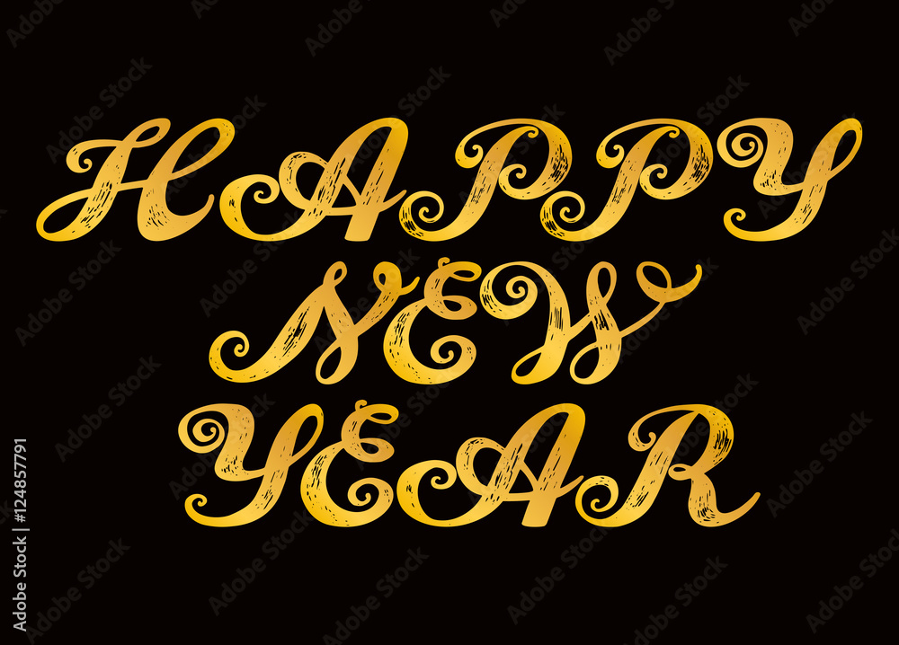 Happy New Year. Calligraphy alphabet typeset lettering. Trended capital  letters. Copy-book hand font. Hand-drawn sketch of ABC  in old fashion vintage style. 