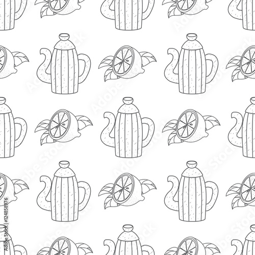 Seamless pattern with outline drawings on the theme of coffee. Vintage metal coffee pot and lemon.