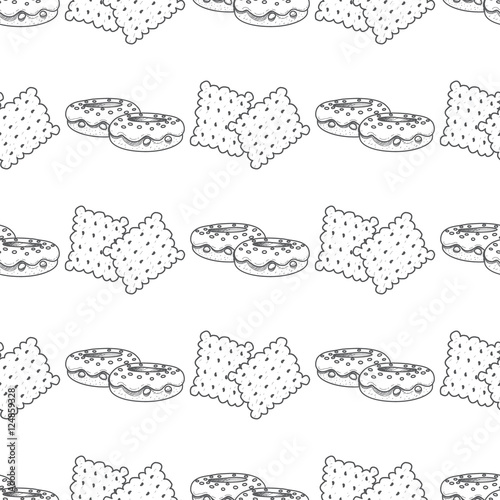 Seamless pattern with outline drawings crackers and donuts.