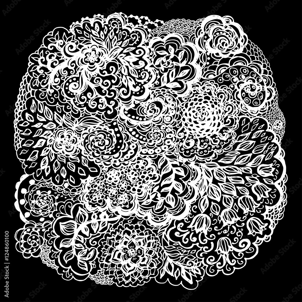 Floral doodle tattoo design. Illustration with paisley ornaments. Hand-drawn flowers. Floral doodle tattoo design. Illustration with paisley ornaments. Hand-drawn flowers.