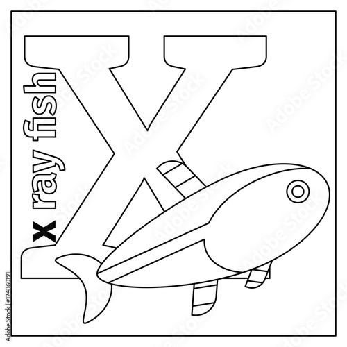 Coloring page or card for kids with English animals zoo alphabet. X ray fish, letter X vector illustration