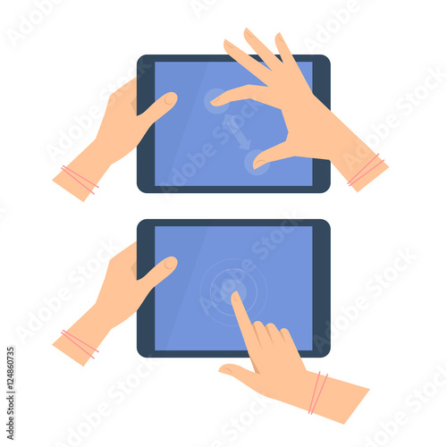 Various gestures of female hand with tablet screen. Vector flat illustration of woman's hands, portable PC, pad with interactive multitouch display. Vector design element for infographic, presentation