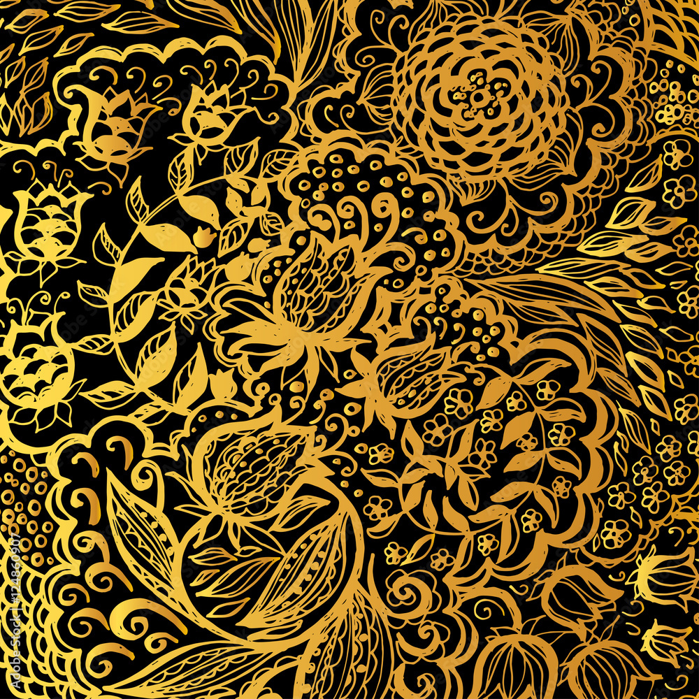 Floral doodle tattoo background. Illustration with paisley ornaments. Hand-drawn flowers. Universal backdrop for everything. Gold color. Floral doodle tattoo background. Illustration with paisley ornaments. Hand-drawn flowers. Universal backdrop for everything. Gold color.