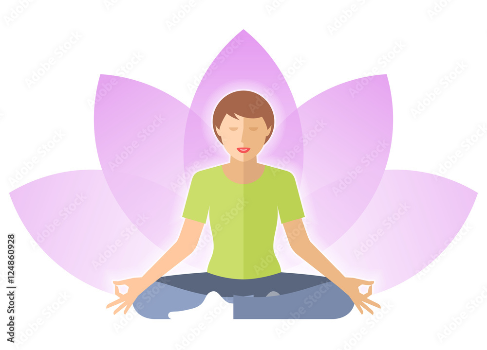 Young woman meditates in the lotus pose. Female person is sitting on a ...