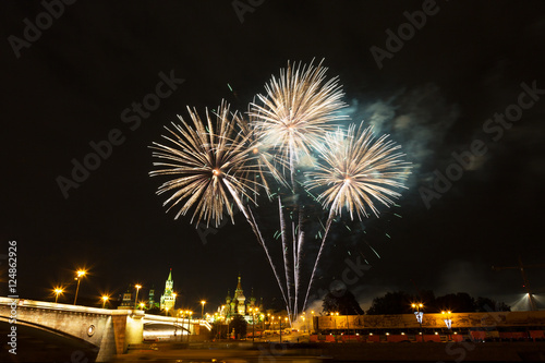 Fireworks over the Moscow Kremlin at night. View of the Moscow River  Russia