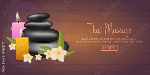 Spa salon banner with stones. Thai Massage. Wood texture. Vector illustration