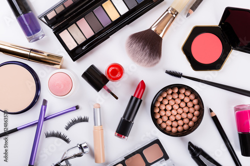 top view of makeup cosmetics set photo