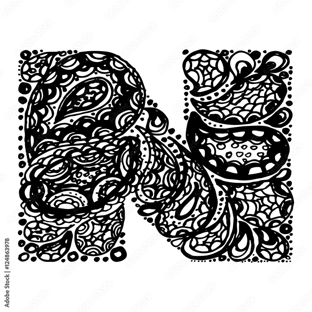 Letter N. Decorative Alphabet with a paisley zen doodle tattoo ornaments filling. Display font and numbers. Hand drawn letters in vintage style. Used for quote lettering. Letter N. Decorative Alphabet with a paisley zen doodle tattoo ornaments filling. Display font and numbers. Hand drawn letters in vintage style. Used for quote lettering.