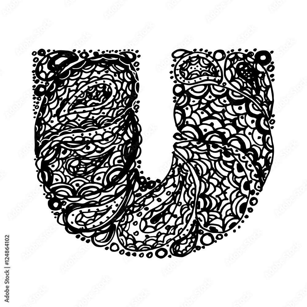 Letter U. Decorative Alphabet with a paisley zen doodle tattoo ornaments  filling. Display font and numbers. Hand drawn letters in vintage style.  Used for quote lettering. Stock Vector | Adobe Stock