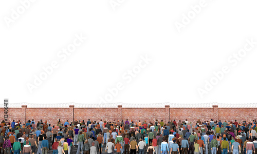 Refugee concept. Crowd of people in front of fence with barbed w © sveta