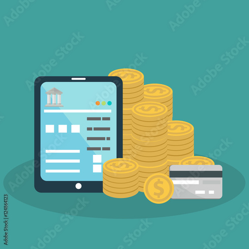 Flat background with tablet, money and bank card. Online banking. Internet shopping. Web store and pay per click