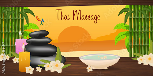 Spa salon banner with stones. Thai Massage. Wood texture. Vector illustration
