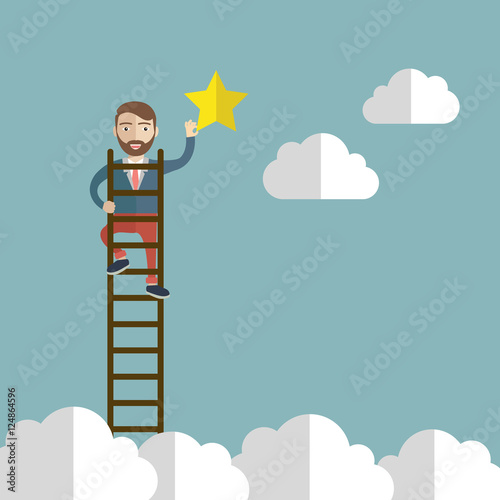 Businessman reaching to the star, metaphor to reaching to goal or be successful. Vector illustration.