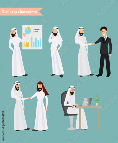 set of arab man business character at office work.