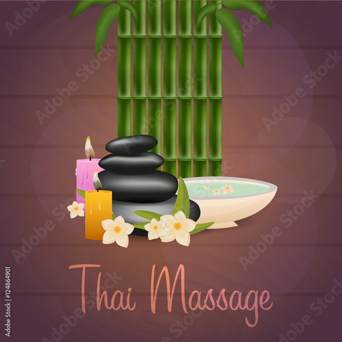 Spa salon banner with stones and bamboo. Thai Massage. Wood texture. Vector illustration