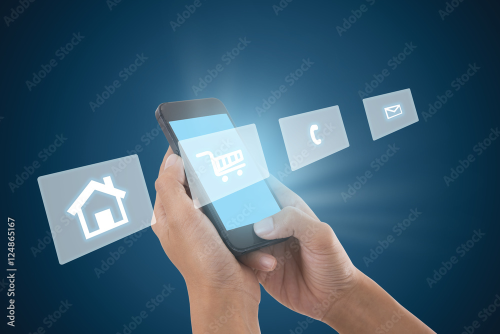 hand touching screen smartphone in hand, technology social media concept