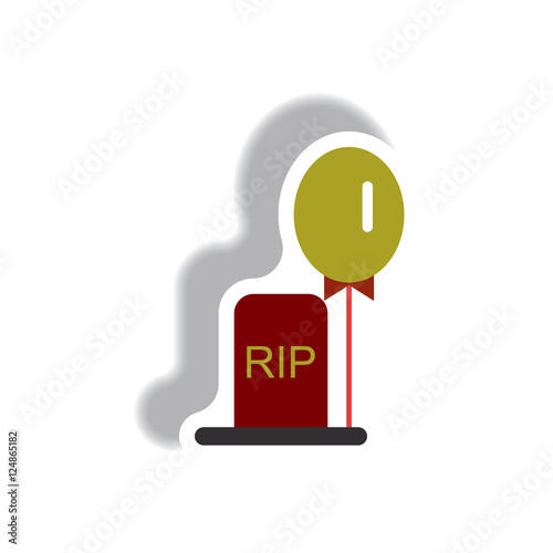 Vector illustration paper sticker Halloween icon grave monument and balloon